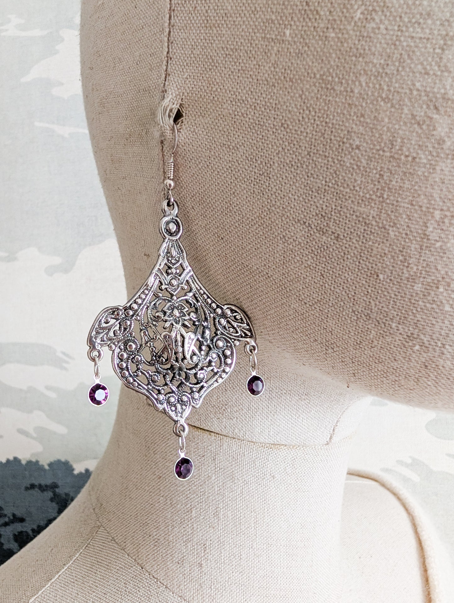 Grandes boucles Art Nouveau pierres violettes