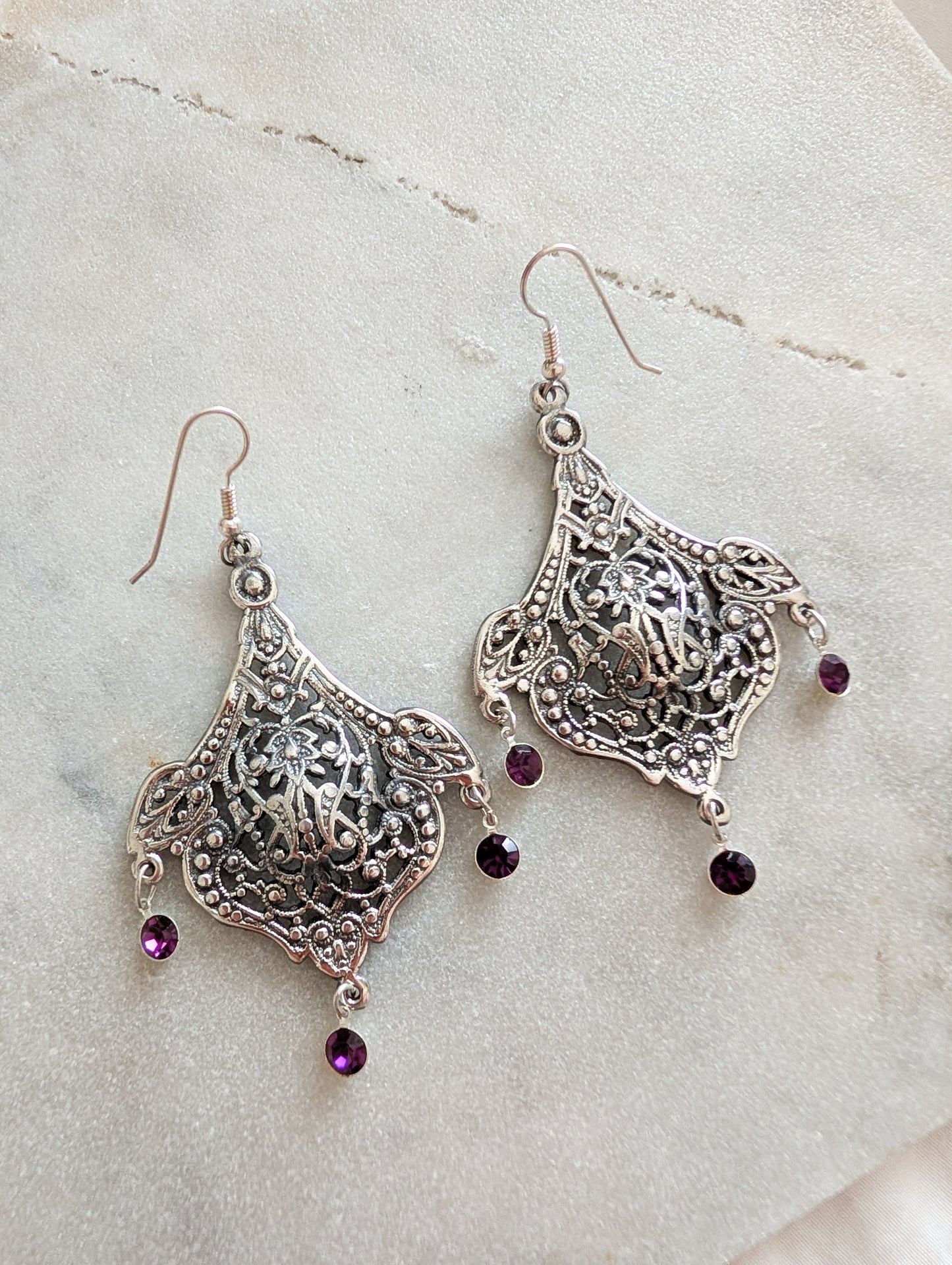 Grandes boucles Art Nouveau pierres violettes